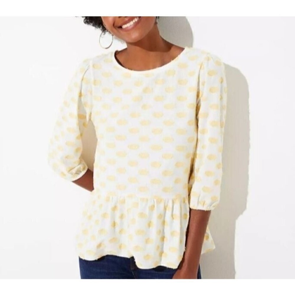 LOFT Top Womens Medium Yellow Embroidered Polka Dot Peplum Hem Cottagecore